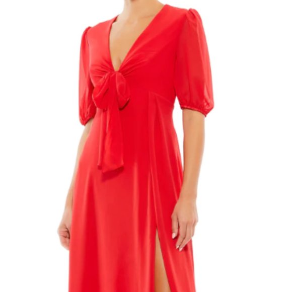 MAC DUGGAL 55627 V-NECK BOW DETAIL FLOWY CHIFFON CHILI RED DRESS sz 8
